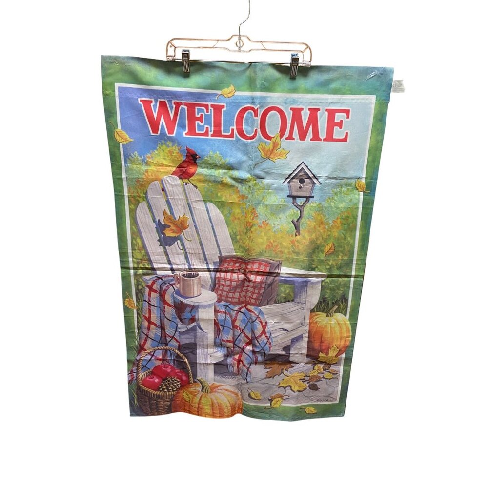 Welcome Autumn Fall Garden Flag Adirondack Chair Pumpkins Leaves Birdhouse